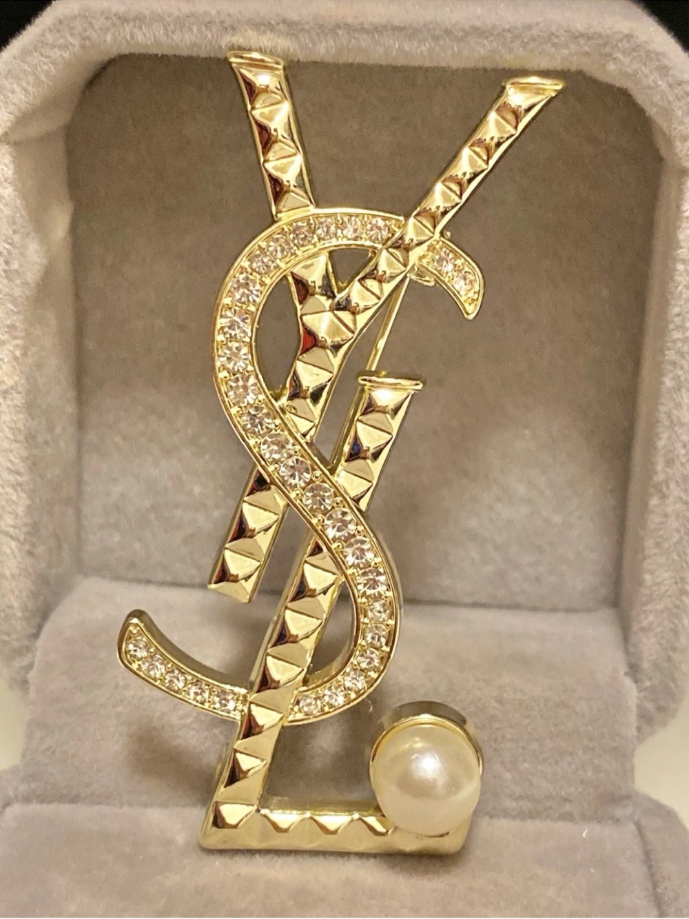 Yves Saint Laurent Gold Crystal Monogram -Stamp Brooch faux pearl - Small
